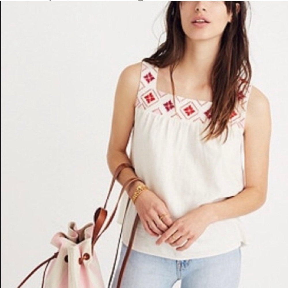 Madewell Embroidered Sleeveless Top - Cream and Red - Picture 2 of 16